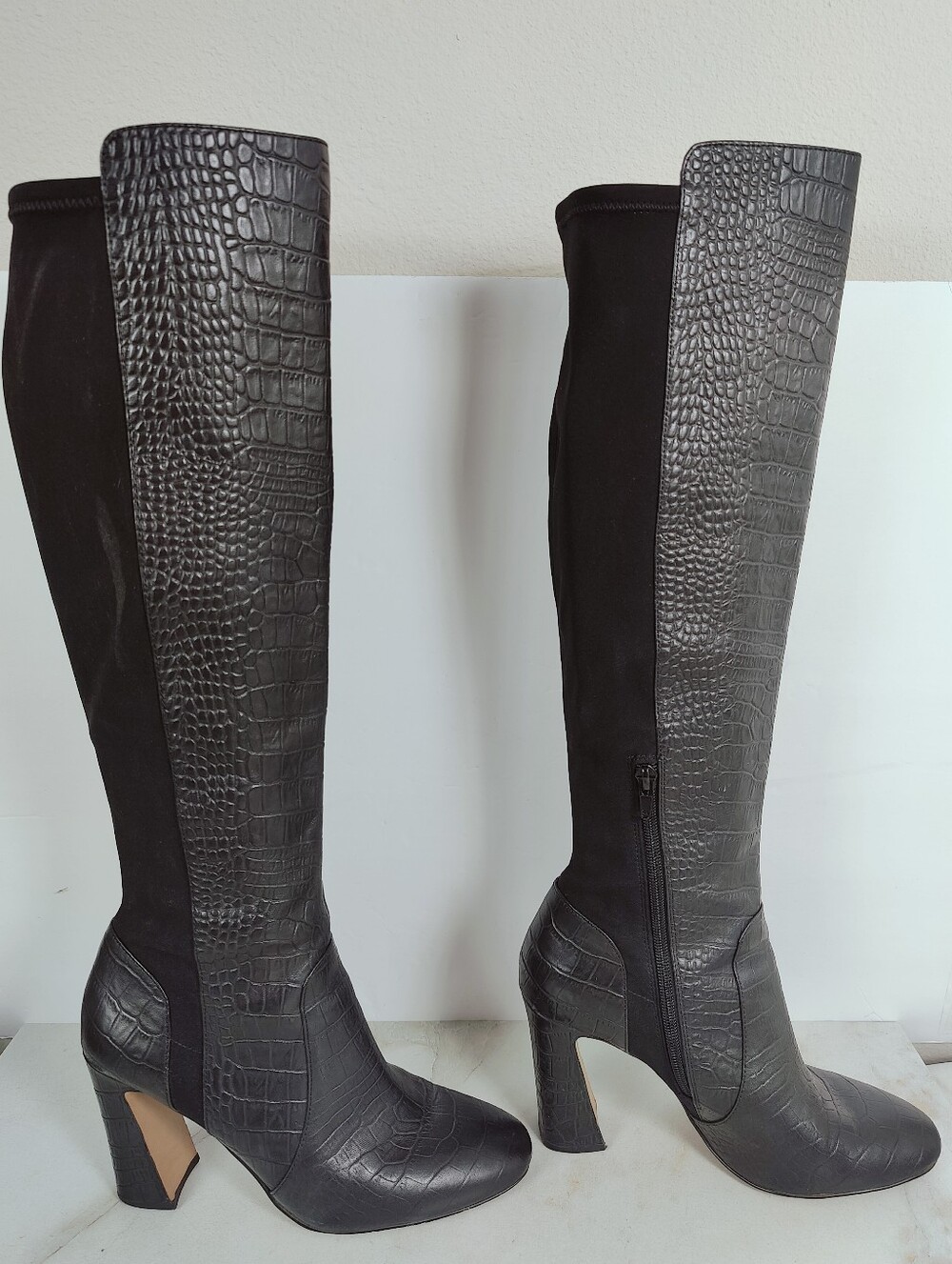 Vince Camuto Lafinda Tall Heeled Boots Black Croc Embossed Leather, 8.5